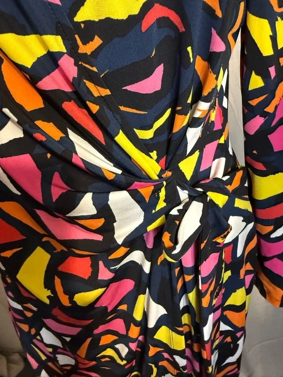 Anne Klein Black Multicolor Abstract Faux-Wrap Long Sleeve Dress Sz L PTP 23 - Picture 2 of 4